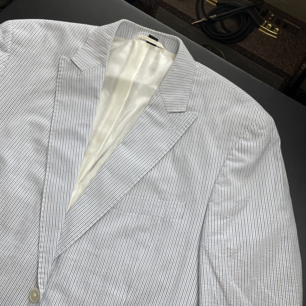 Paul Fredrick 46R Cotton Seersucker Blue Gray White Blazer Peak Lapel PERFECT